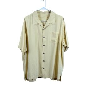 Tommy Bahama Camp Shirt‎ Men XL Butter Yellow Textured Silk Chest Pocket Casual